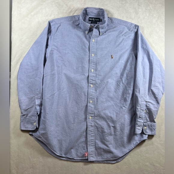 Polo Ralph Lauren 16.5-34 Classic Navy Button Front Blue Oxford Front Logo Shirt - Picture 1 of 9
